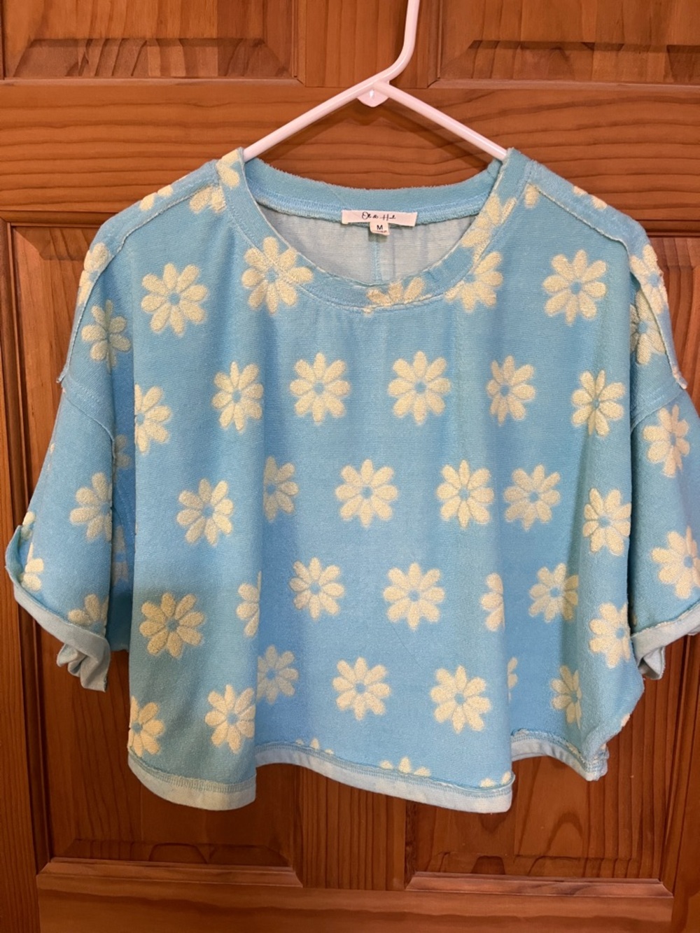 Oli & Hali Blue Clouds Daisy Printed Terry Short Sleeve Crop Top